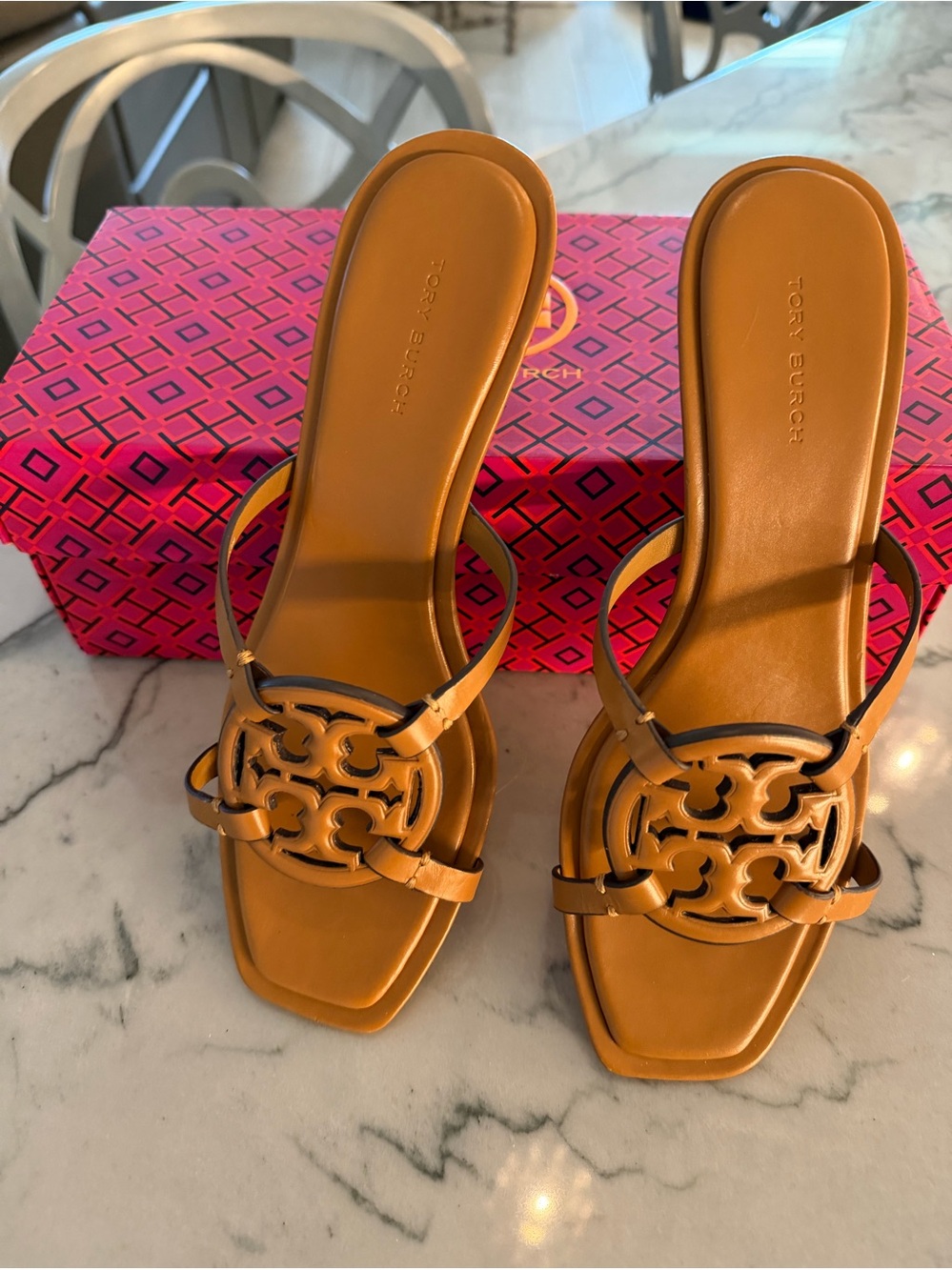 Tory Burch Tan Leather Logo Cutout Slide Sandals